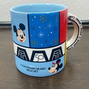 Disney Contemporary Resort 50th Anniversary Mickey Minnie Mug Blue Red Yellow